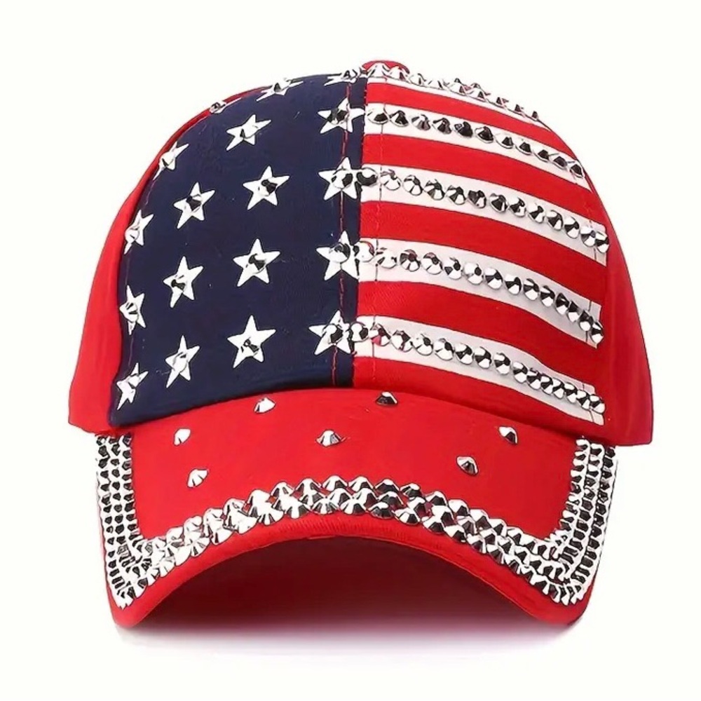 Red Glittering Patriotic Rhinestone Baseball Cap - Adjustable, and UV Shielded.